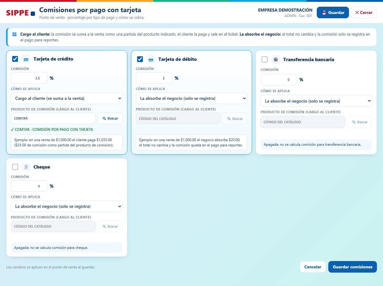 Configuración de comisiones por pago con tarjeta en SIPPE