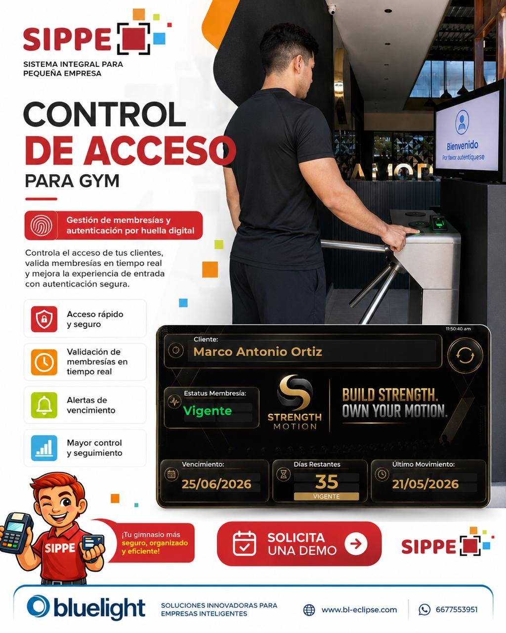 Control de acceso por huella digital SIPPE Gym Access, validación de membresía en tiempo real