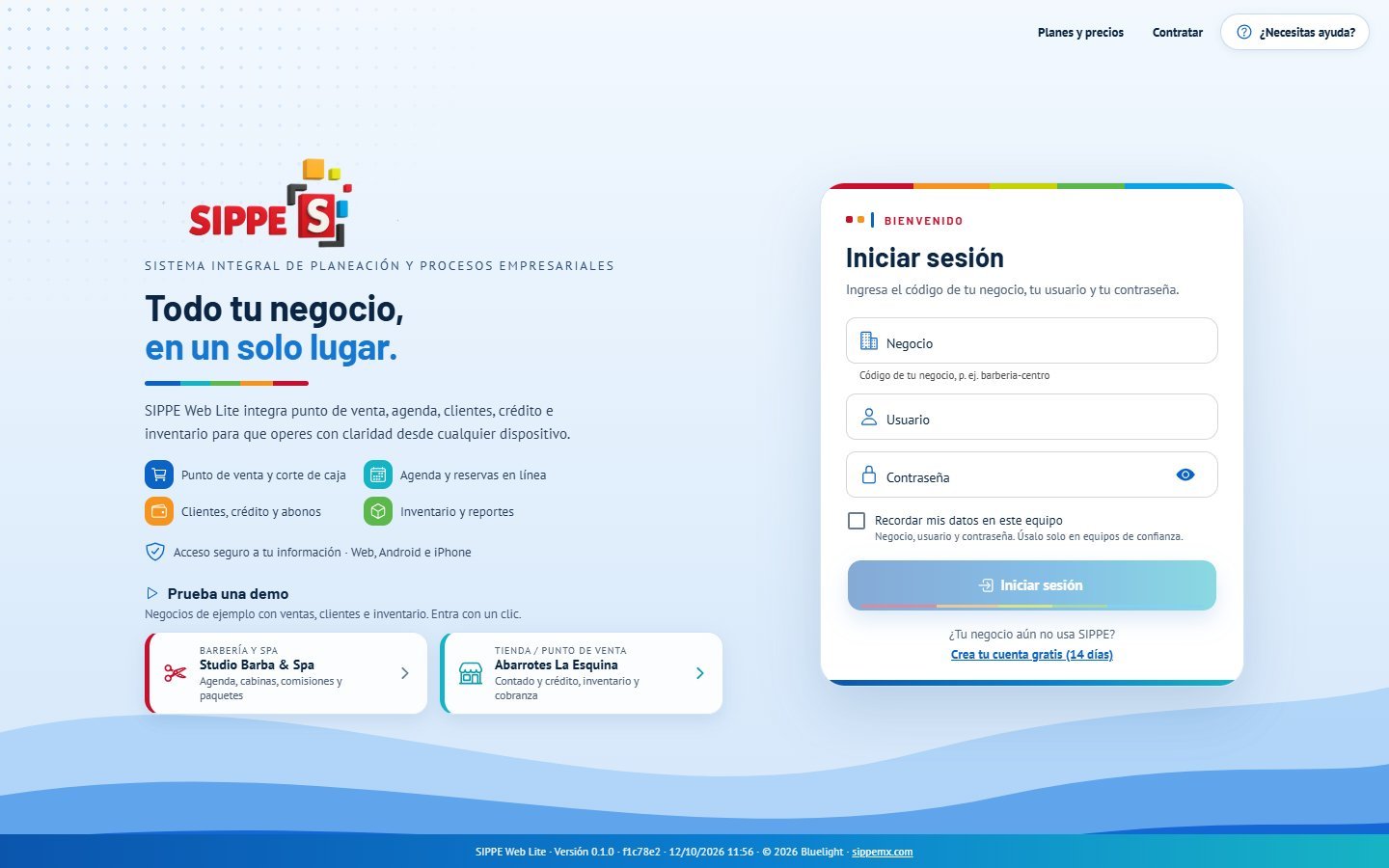Inicio de sesión de SIPPE Web Lite con acceso a demos de barbería y tienda